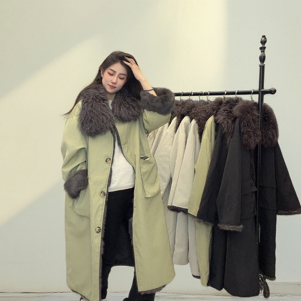 兔毛双面穿大衣毛领长款秋冬派克外套多口袋长袖