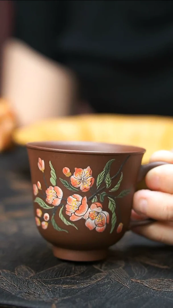 茶壶紫砂紫泥樱花手把杯微瑕