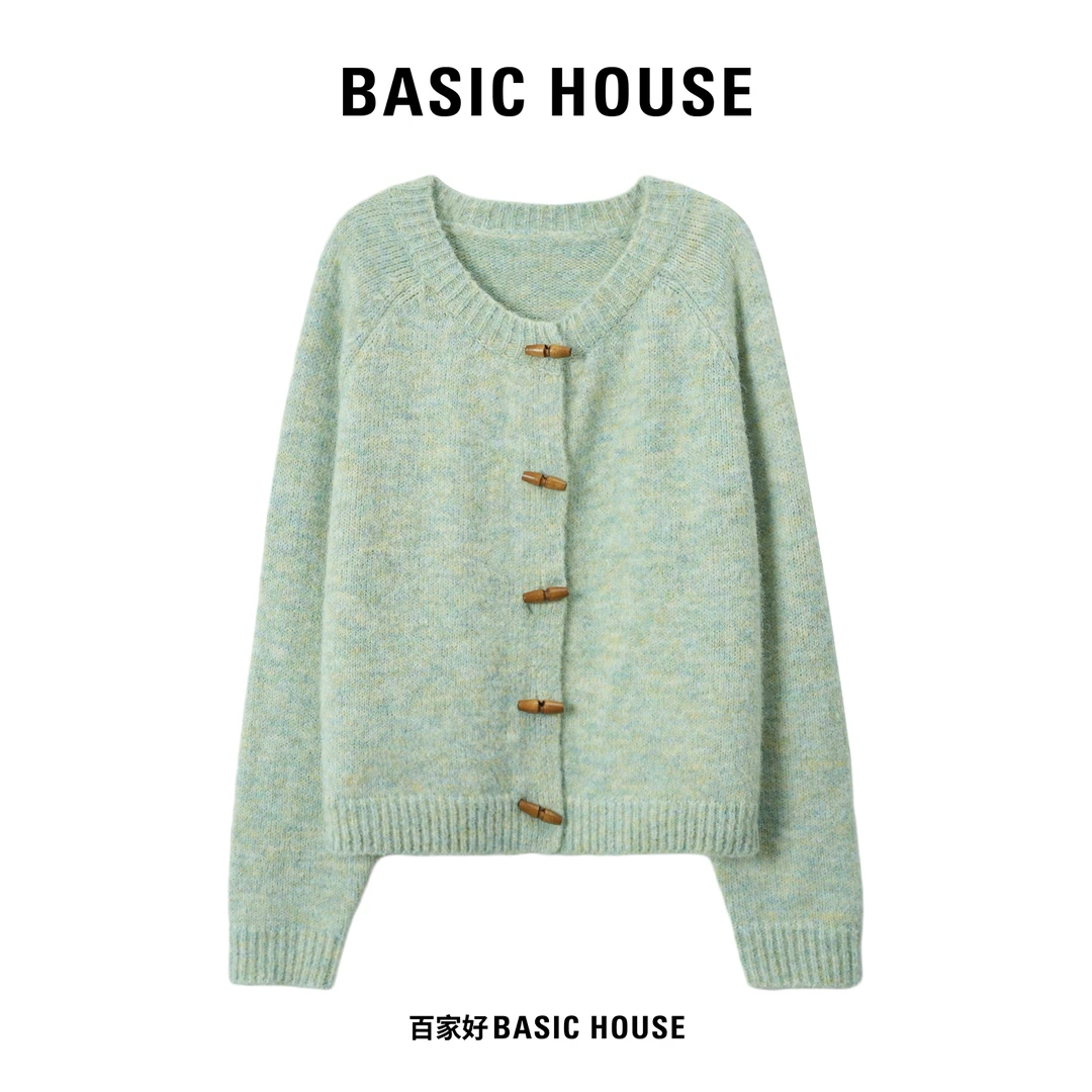 Basic House/百家好2025新款牛角扣百搭彩纱圆领毛针织衫T032 XX