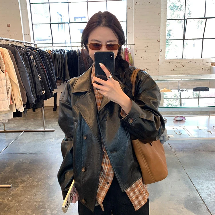 皮衣外套女短款2025春秋冬新款pu皮廓形高级感西装领黑色机车夹克