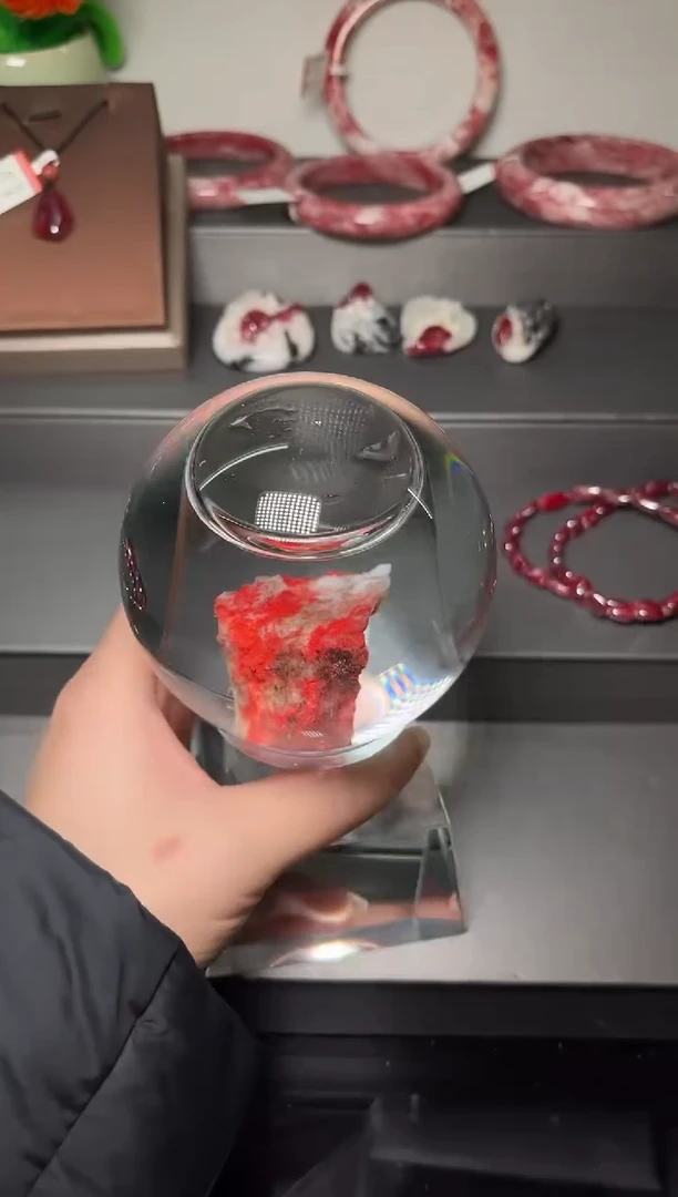 天然辰砂朱砂晶体随型毛料水晶球摆件121008