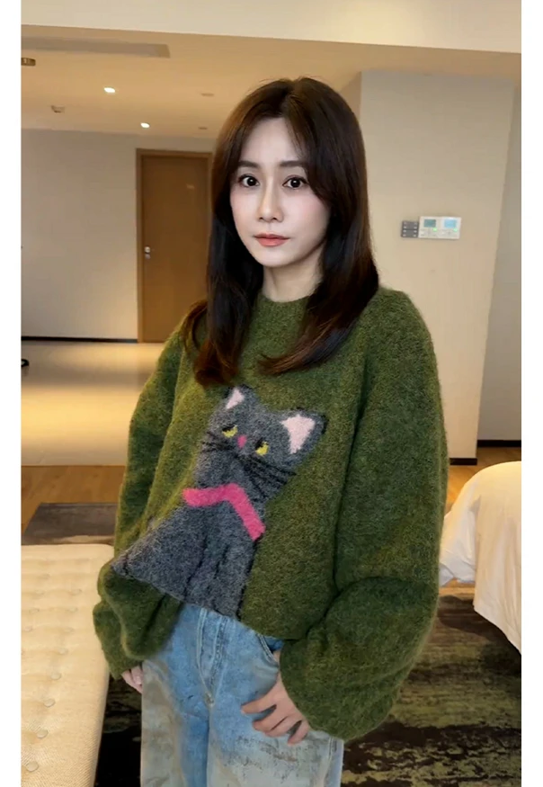 秋冬新款慵懒松弛感毛线衣韩系高级感绿色套头针织毛衣可外穿内搭
