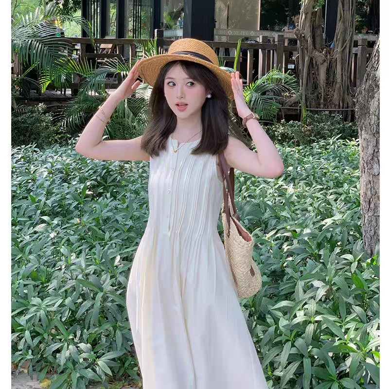2025春夏法式气质长裙茶歇小个子无袖背心裙宽松大裙摆短袖连衣裙