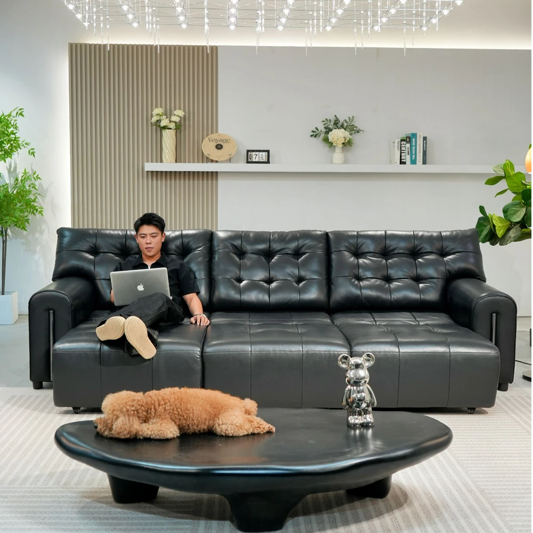 大黑熊电动功能真皮沙发床客厅半青皮意式可伸缩直排头等舱沙发