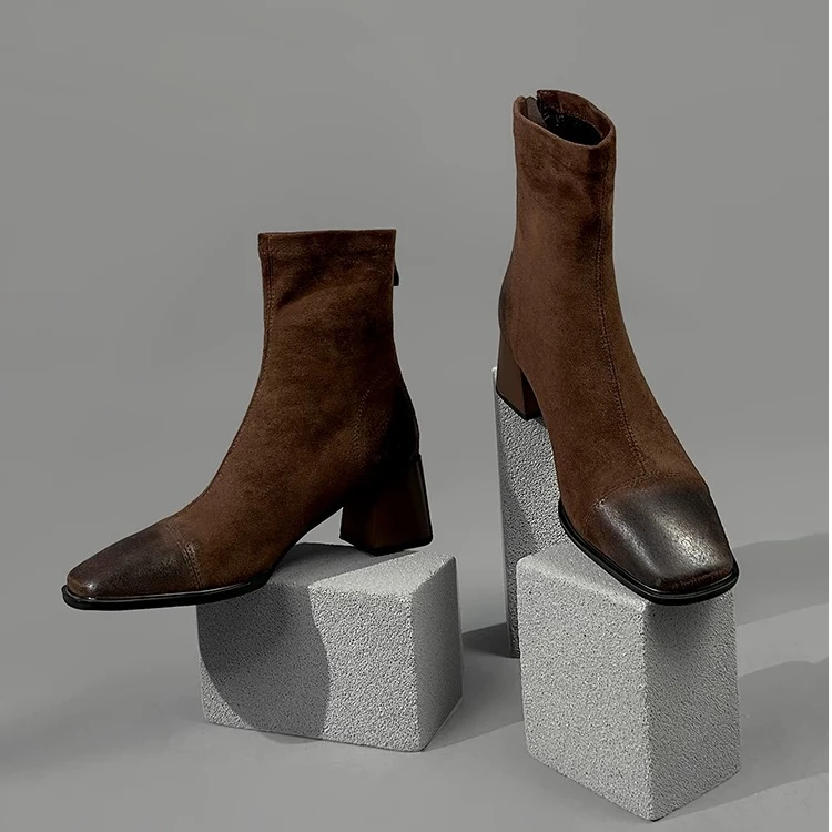 U8802瘦瘦靴短靴女秋冬2024新款鞋子方头粗跟百搭瘦瘦靴马丁靴