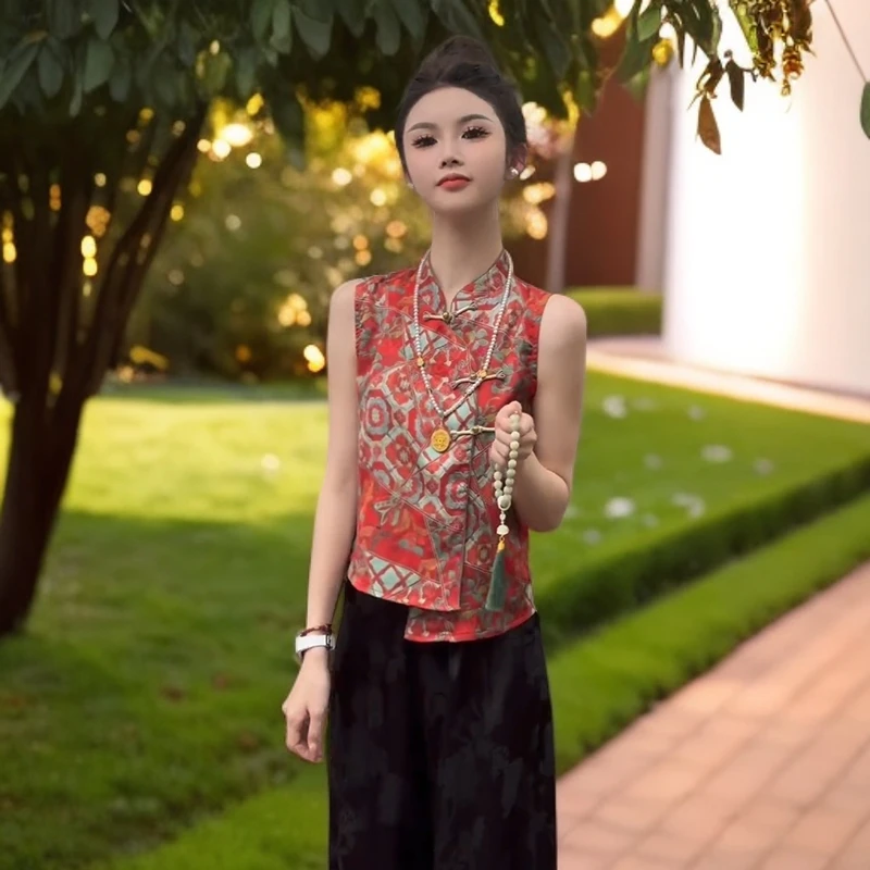 新中式国风时尚套装女2025夏季新款洋气背心上衣阔腿裤气质两件套