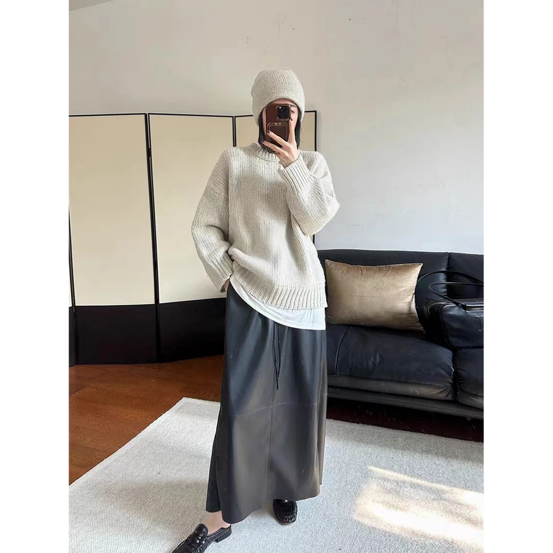 5216时髦街头风蛋白皮 休闲高腰抽绳十字分割线pu皮裙显瘦气质