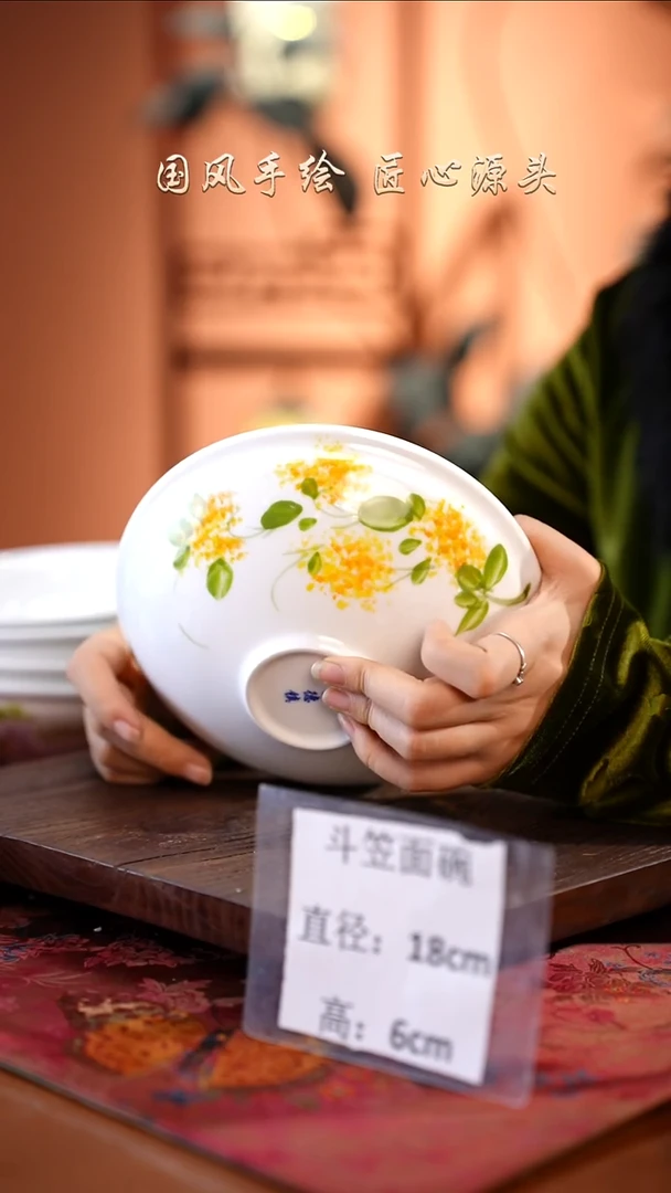 陶瓷景德镇高温釉中彩斗笠面碗直径18高6
