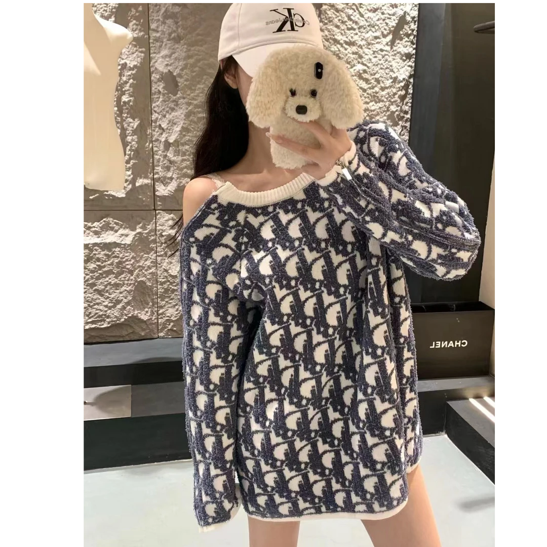 【柒柒家】25杰伦同款提花字母圆领拉链长袖毛衣女休闲针织衫