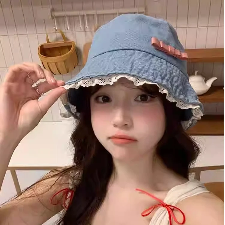 可爱蝴蝶结渔夫帽蕾丝边牛仔防晒盆帽高级感遮阳显脸小水桶帽子女