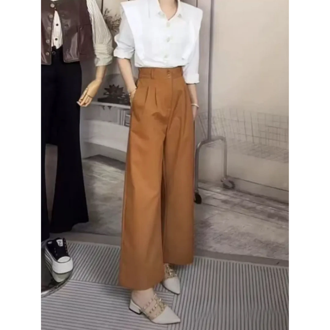 2568褶皱直筒阔腿裤2025夏季新款高腰半松紧腰休闲九分裤裤子