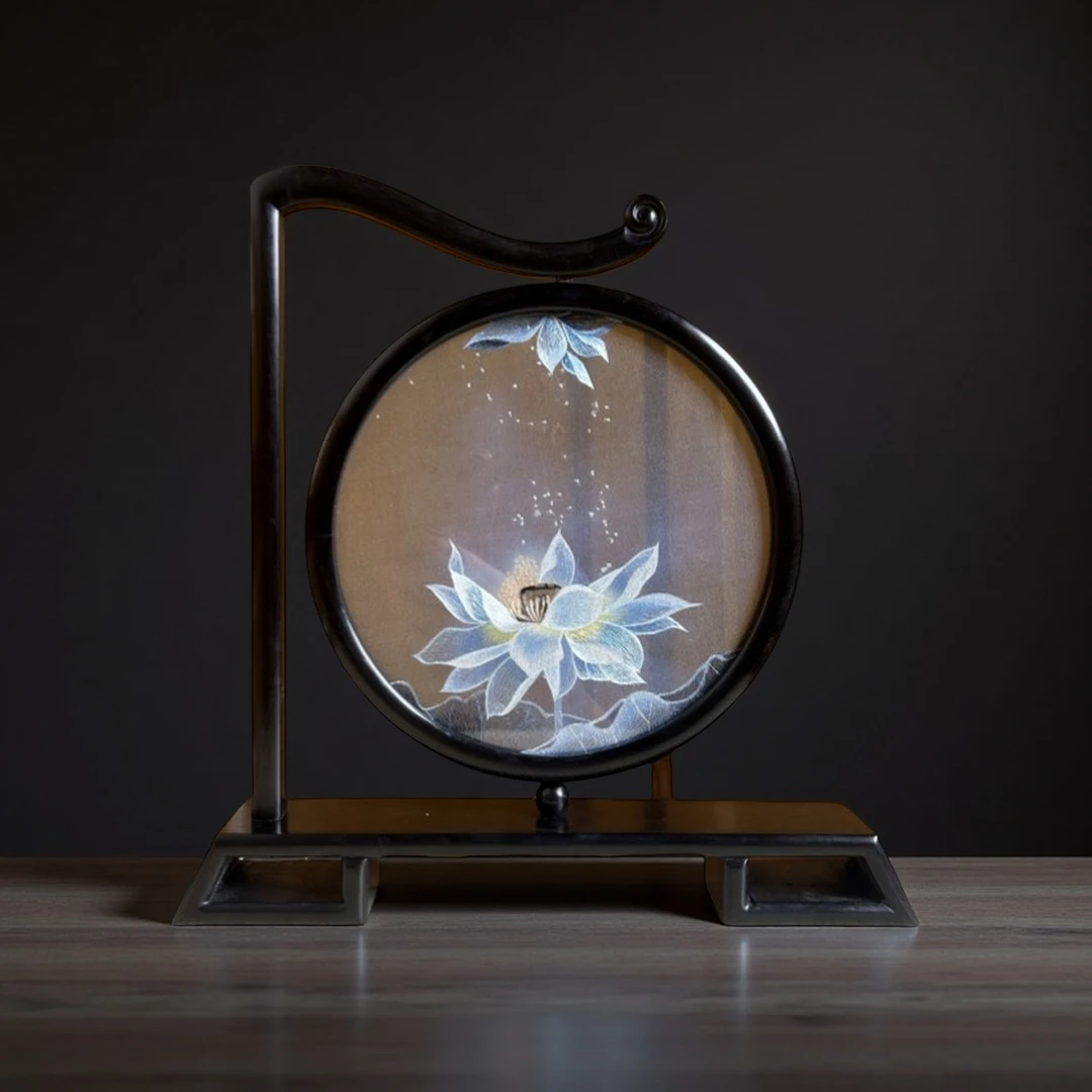 纯手工1丝2丝非遗苏绣蓝莲荷花双面绣紫光檀摆件