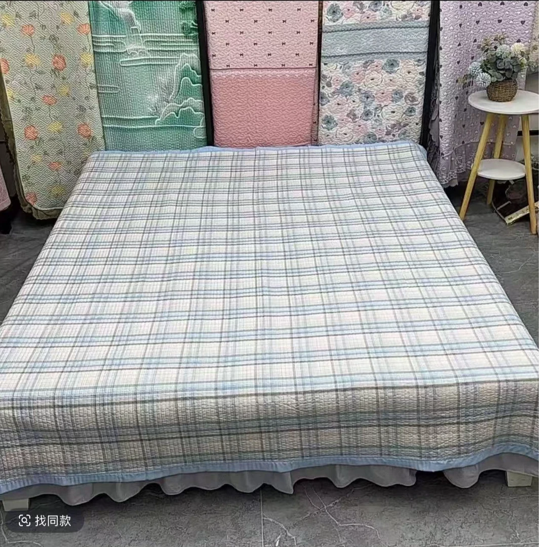 雅致蓝格230*250莫代尔棉加厚绗缝床盖