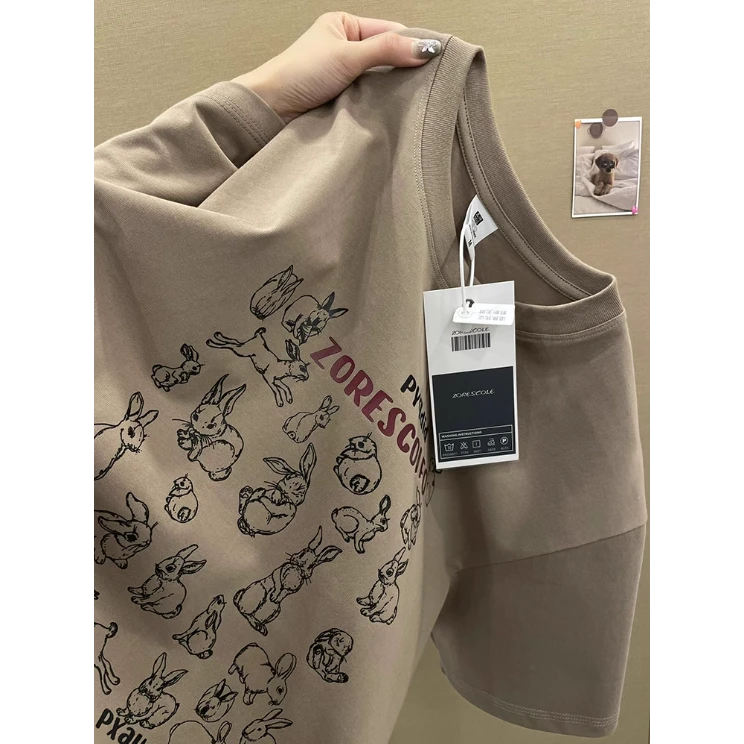 日系vintage重磅纯棉正肩短袖t恤女夏季新款oversize宽松大码