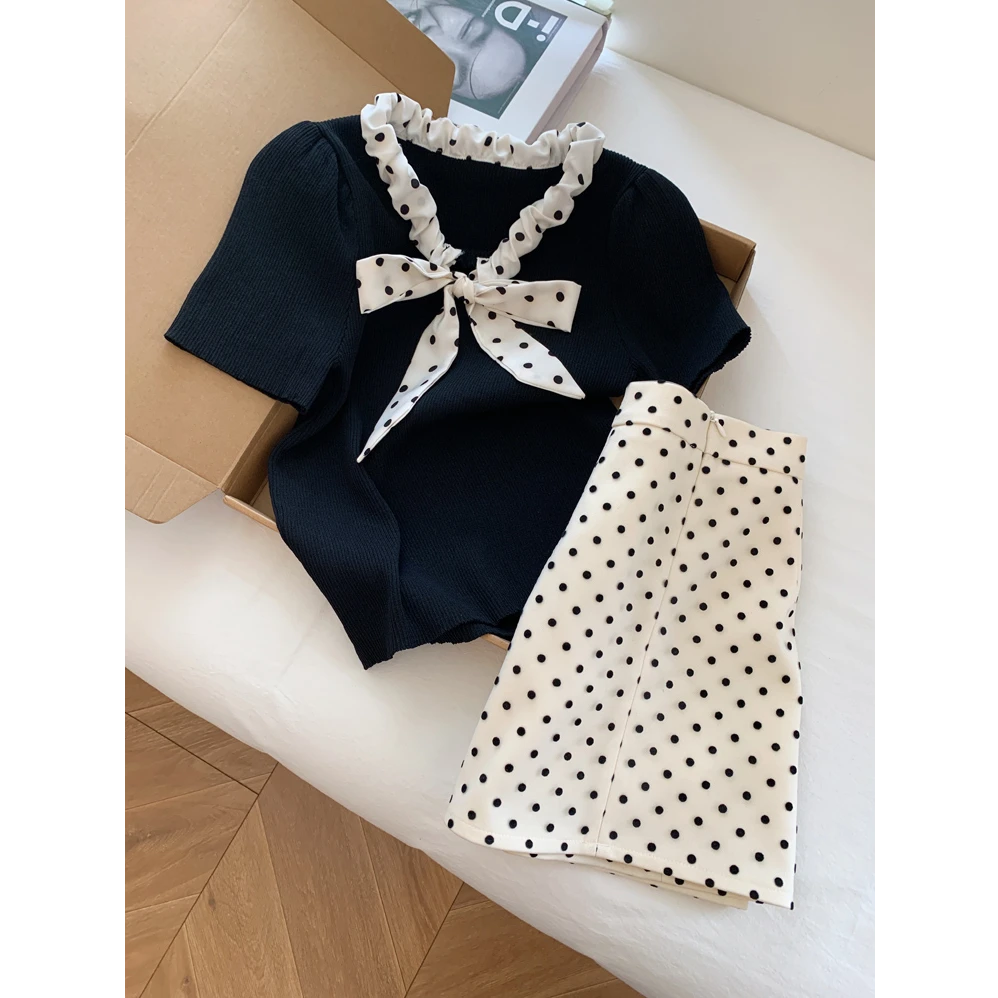 C1160Y913一整套2025女新款气质波点半身裙子蝴蝶结T恤上衣两件套