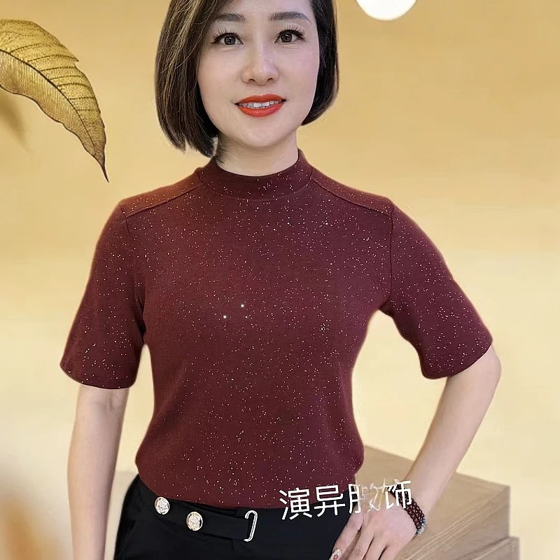 2025春夏女士新款简约休闲百搭修身显瘦半高领中袖满天星T恤H558