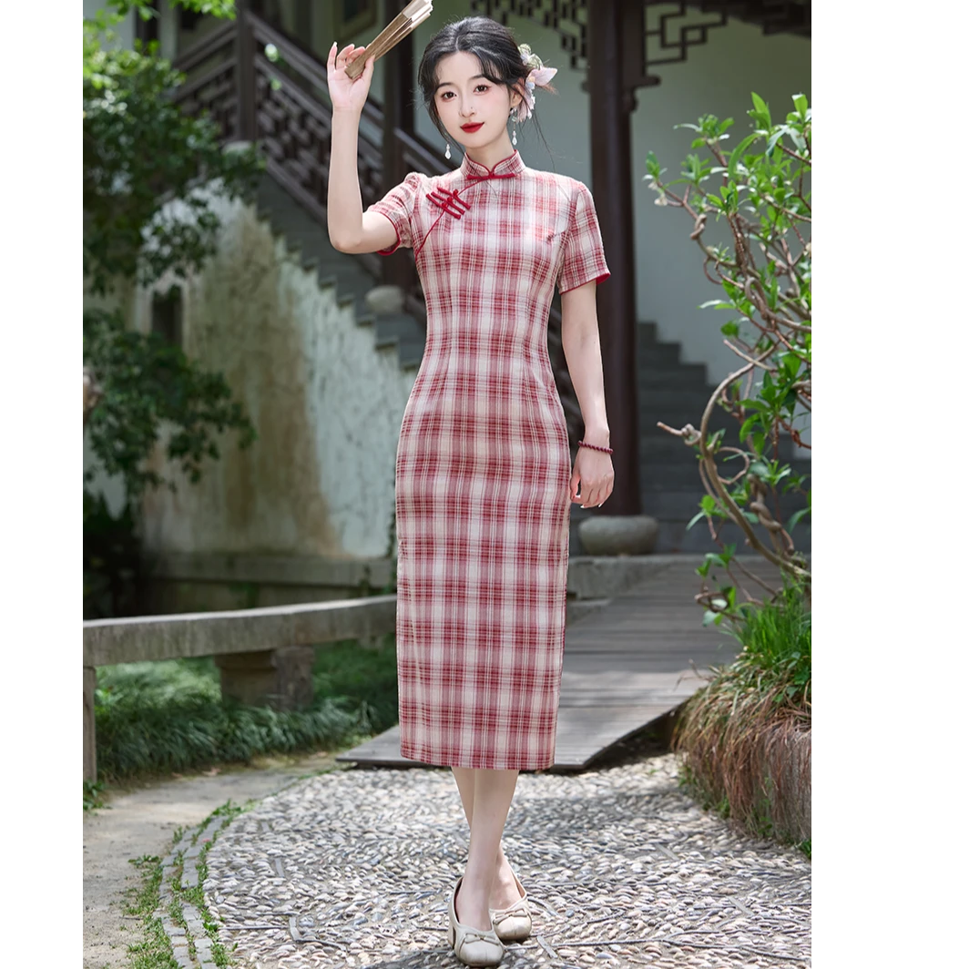 红色格子旗袍2025新款女夏季改良年轻款少女新中式日常可穿小个子
