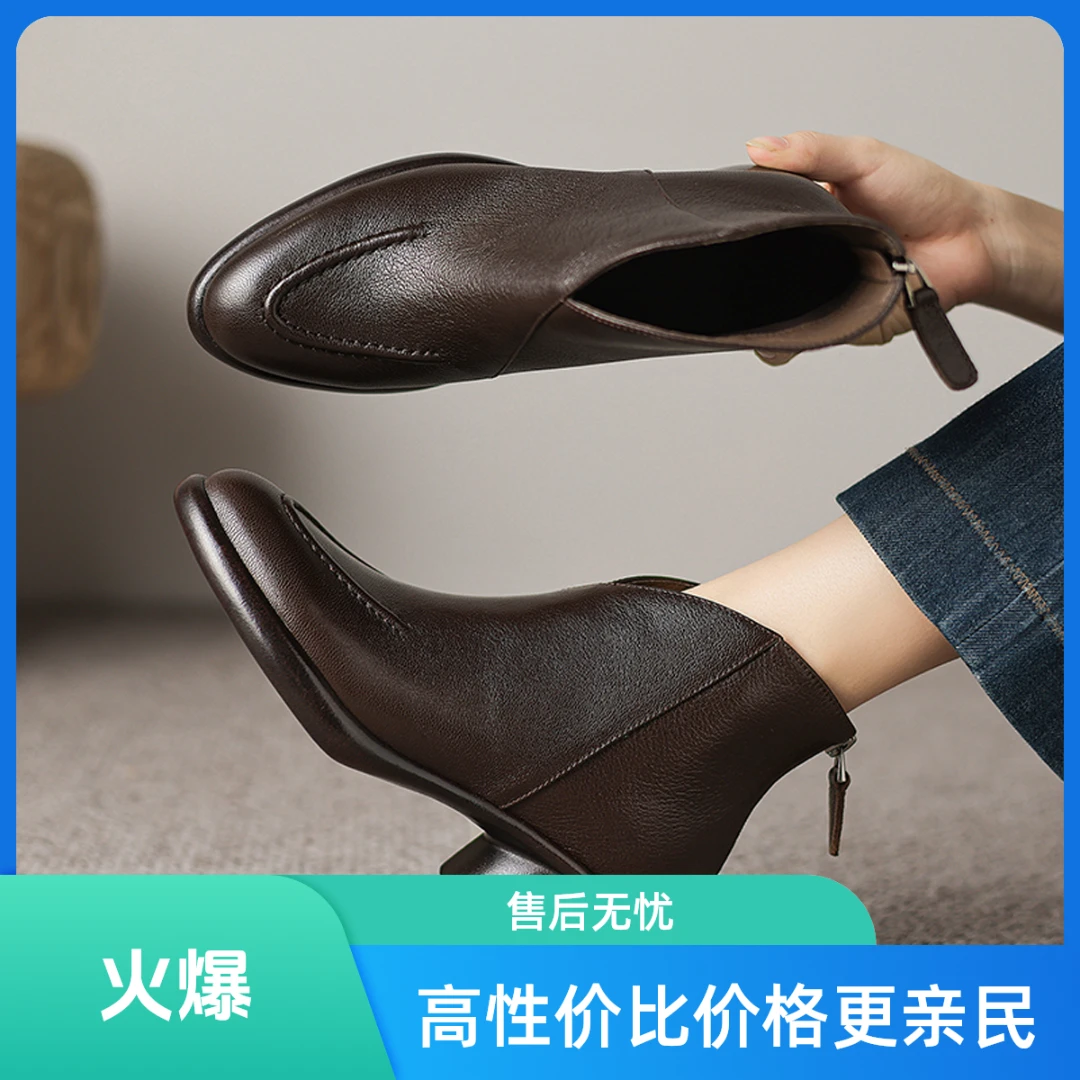 5.5cm手工鞋休闲风秋冬粗跟英伦风短靴尖头女短靴时尚复古