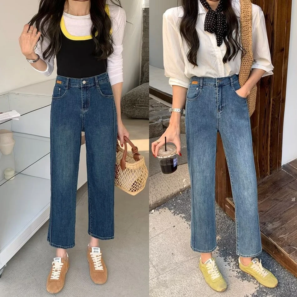 大码胖mm春季新款直筒牛仔裤女休闲百搭高腰显瘦弹力九分烟管裤