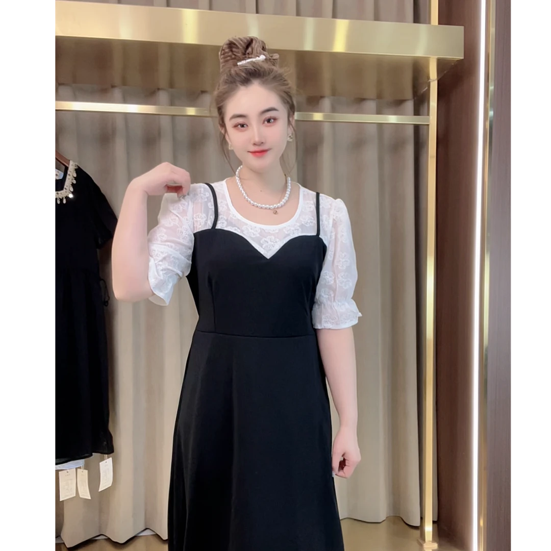 拼接连衣裙夏季国风假两件连衣裙气质假两件小黑裙小个子辣妈