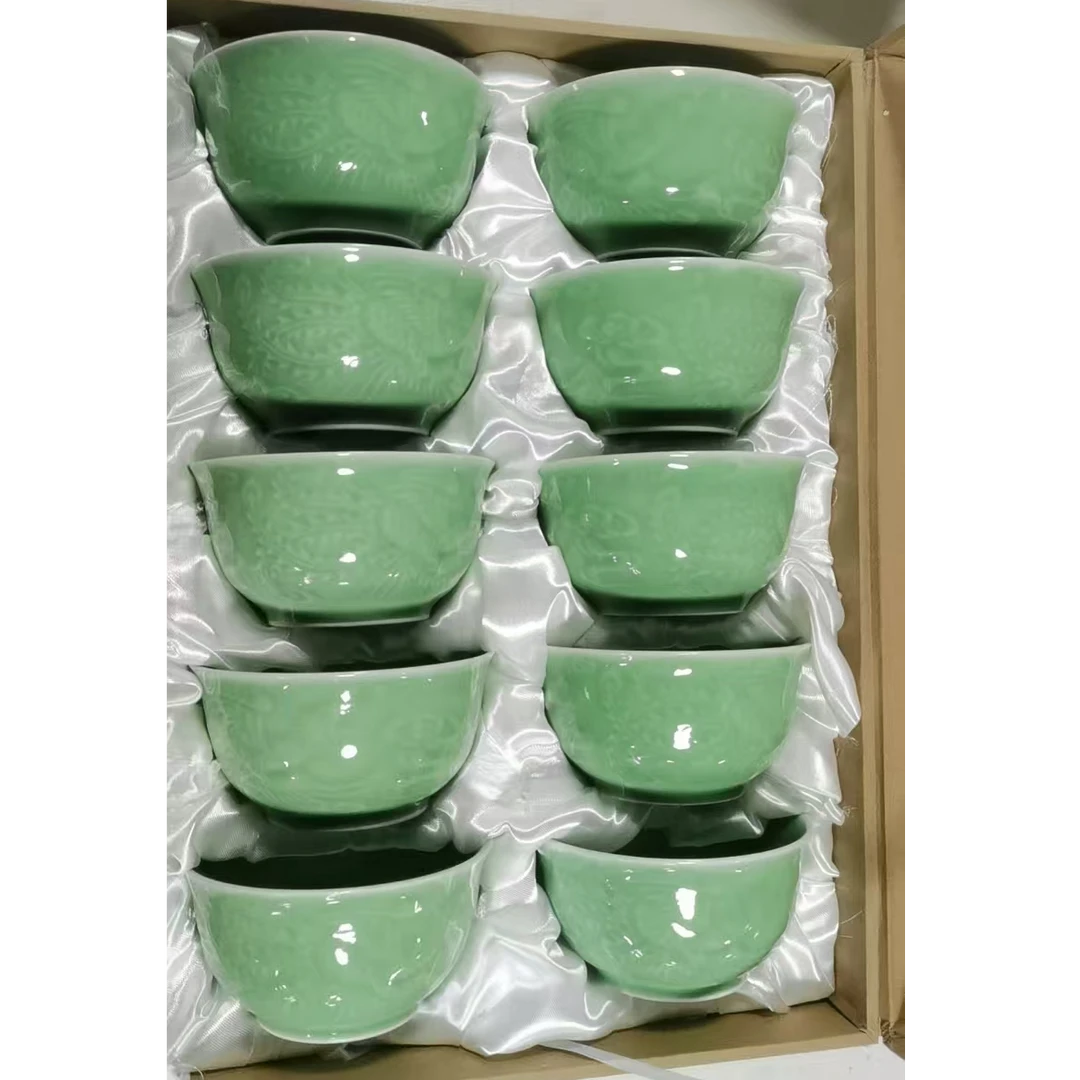 景德镇/陶瓷/龙泉青瓷凤纹10只碗带礼盒
