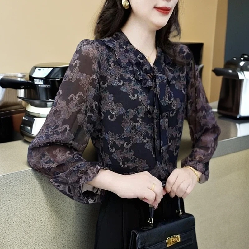 2025开春气质时尚5印花飘带衬衫高级洋气长袖新款宽松百搭851