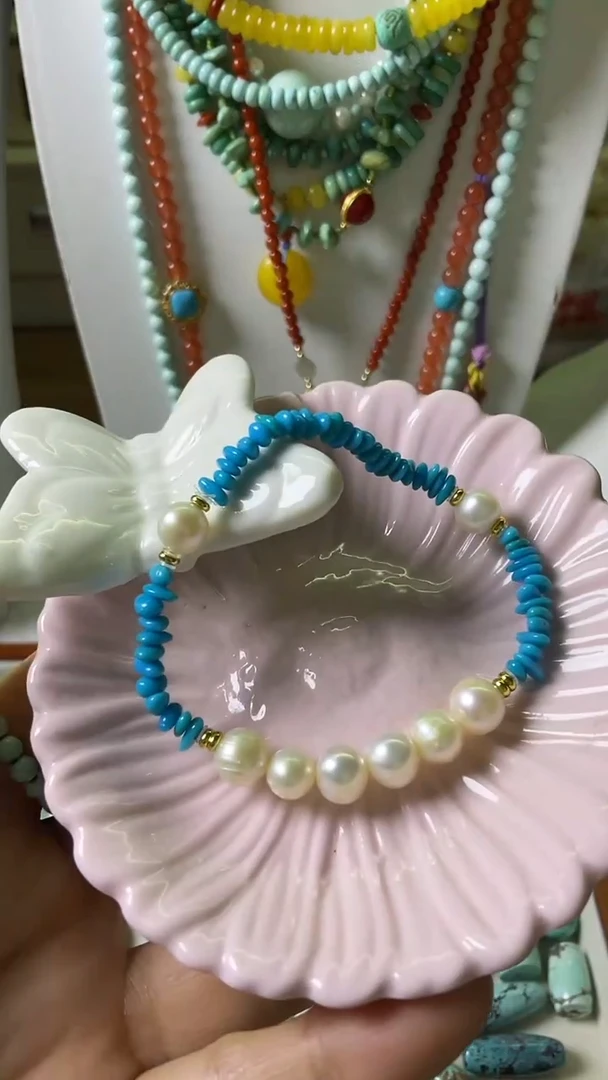 未镶嵌绿松石珠宝奇石4-5mm蓝色随形+6.5mm手串