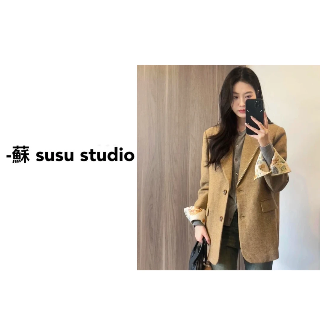 高级感复古卡其色西装外套女春季新款韩系气质宽松显瘦西服上衣
