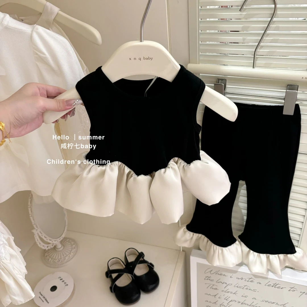 黑天鹅女童无袖套装2025夏季新款宝宝荷叶边背心微喇裤两件套韩版