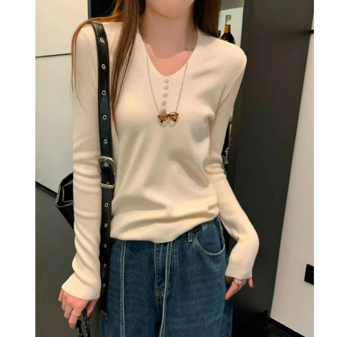 福利--拍下选择编码-春季显瘦长袖纯色v领百搭套头时尚打底毛衣女