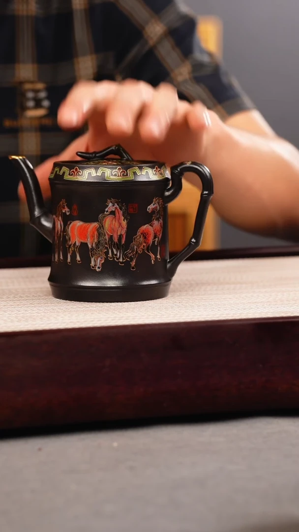 茶壶紫砂石黄 竹节 八骏珐琅彩