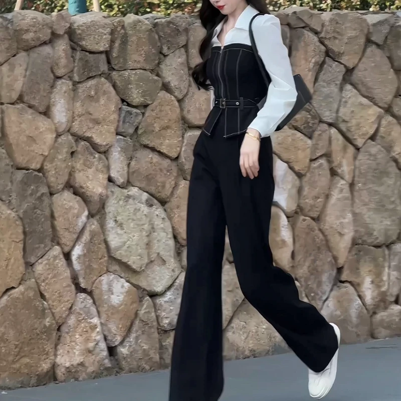 拉夏贝尔25春夏显瘦高腰通勤时尚拼接仿牛仔衬衫+裤子 10341 SXJ