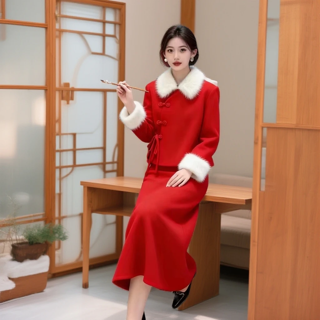 2025冬季新款【两件套】加棉(可拆卸)毛领毛呢外套+毛呢长半裙2811*