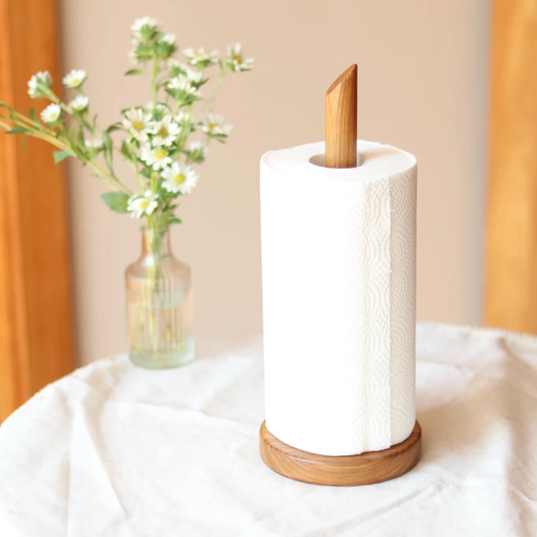 缅甸柚木实木厨房纸巾架收纳木质家用台置立式抹布架简约