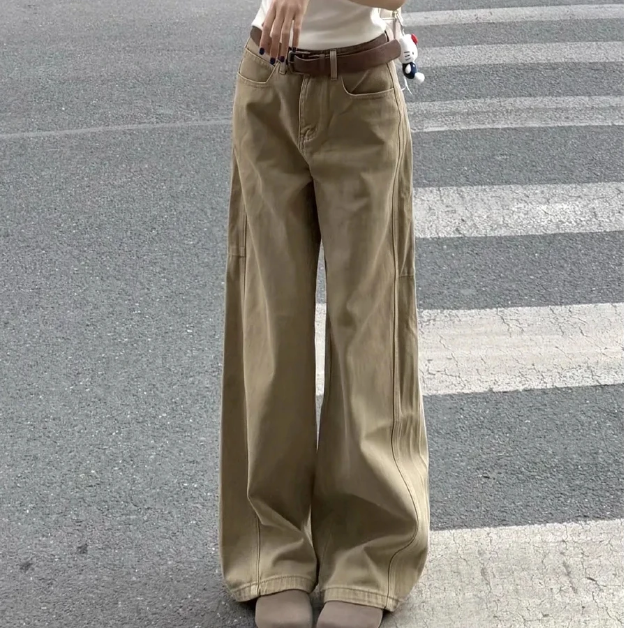 美式高街复古水洗直筒牛仔裤女小个子高腰宽松显瘦卡其阔腿拖地裤