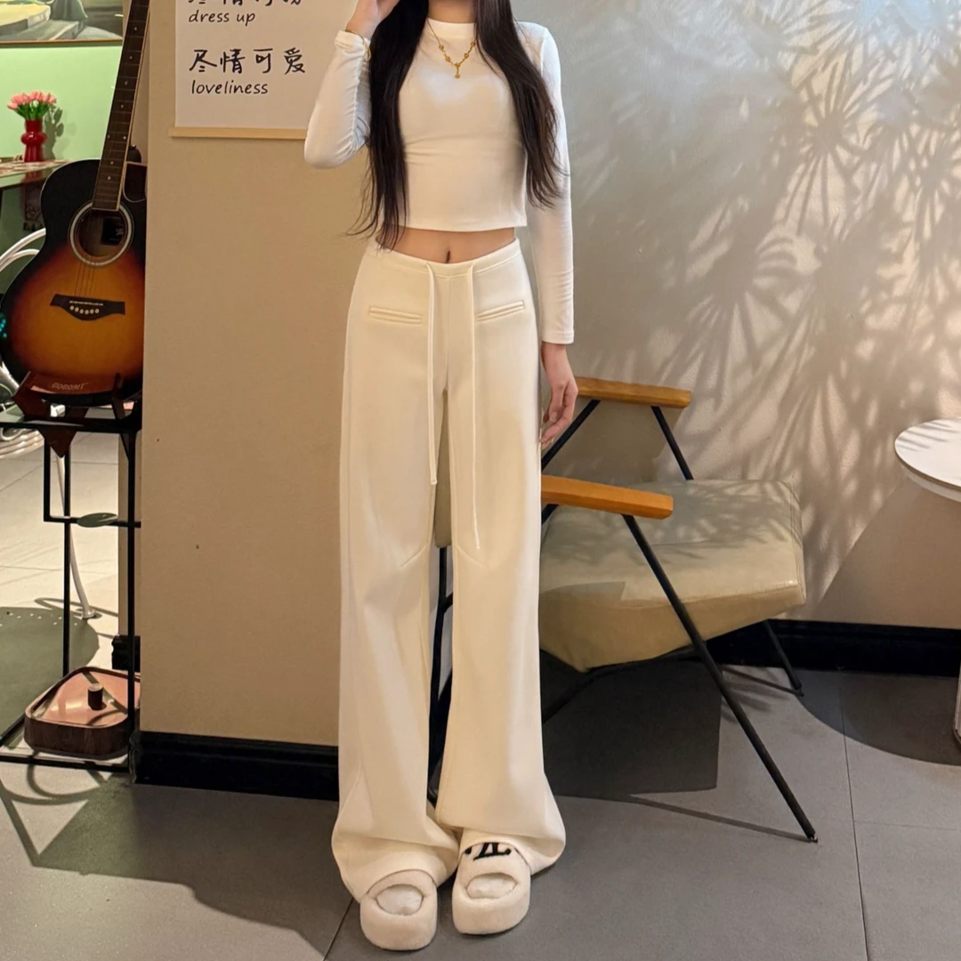 春秋宽松卫裤女百搭抽绳针织阔腿裤中腰简约纯色休闲运动长裤