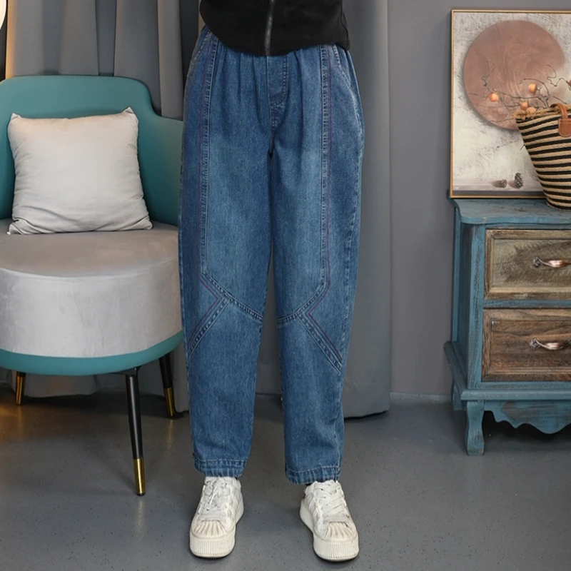 6751-2025春季裤子女士新品潮流女士哈伦牛仔长裤大码宽松