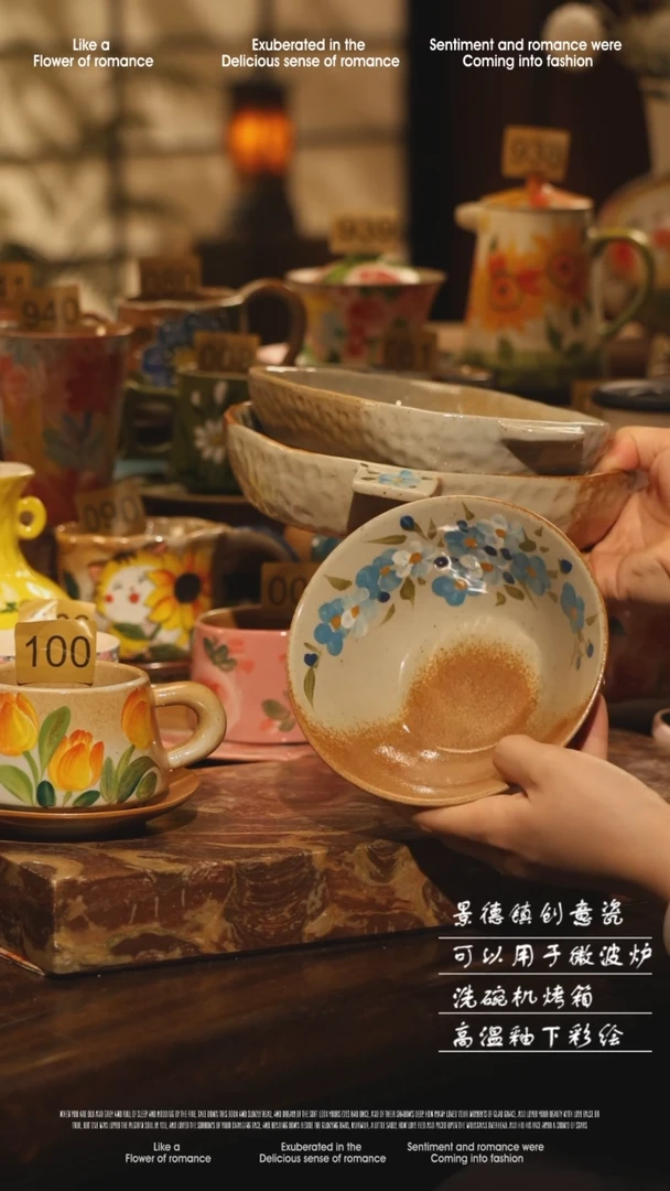 陶瓷三件套景德镇高温手绘釉下彩设计师款式