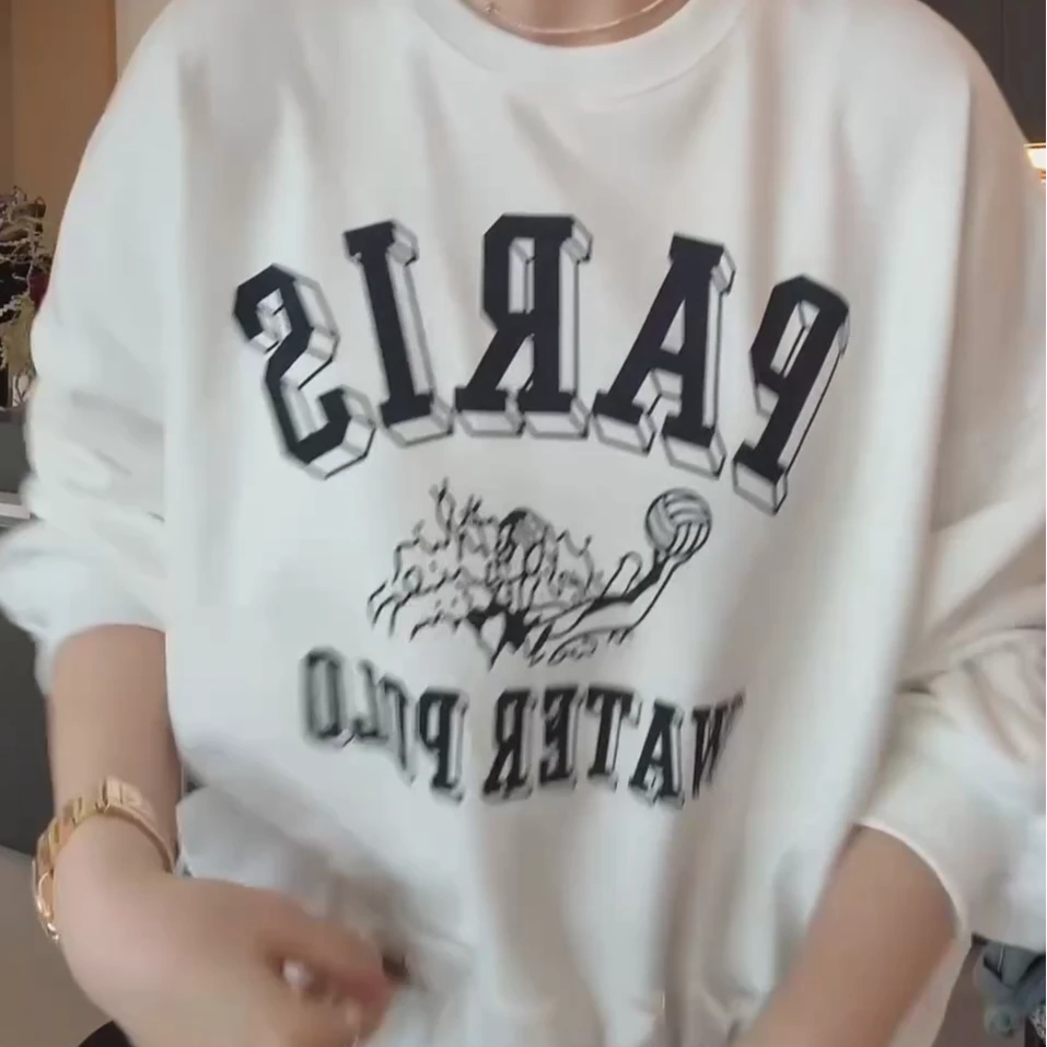 春季上新韩系时尚圆领拼接百搭木耳边抽绳收腰休闲潮流字母卫衣女