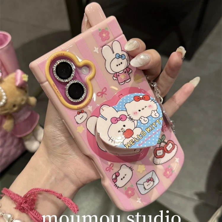 ins大哥大竖纹爱心猫咪兔子适用iPhone16Promax手机壳15pro挂件14