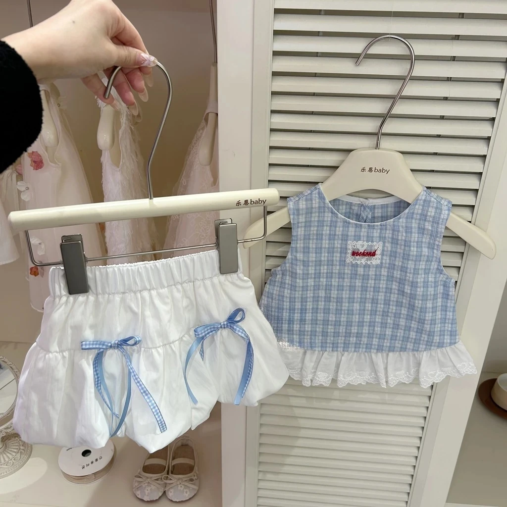 女童童装夏季蓝色格子上衣蝴蝶结花苞裤可爱洋气韩版两件套童套装