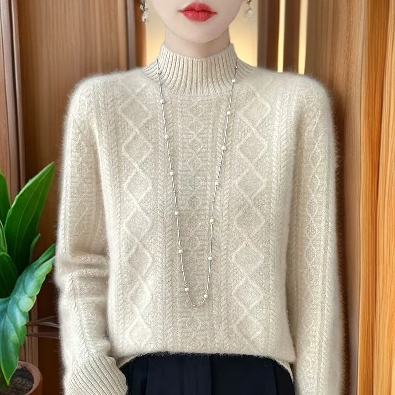 100纯羊毛女秋冬纯色半高领百搭毛衣宽松时尚羊绒加厚针织打底衫