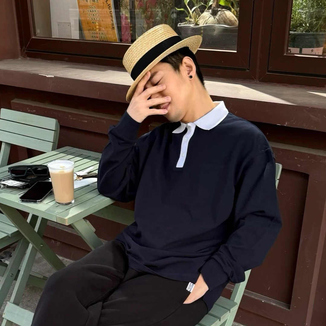 宽松【撞色领长袖POLO】男女同款D28037