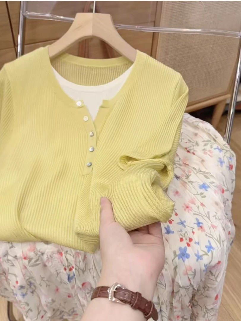 阿雨家巨好看！ins穿搭柠黄多扣假两件卷边短袖8