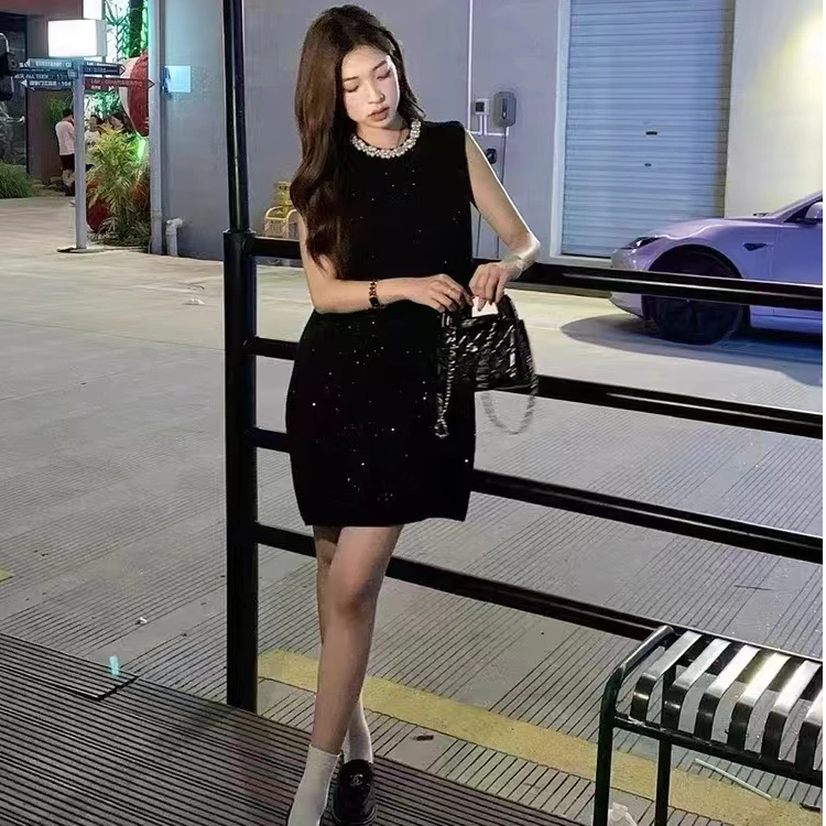 小香风细闪高定钻石领千金小黑裙背心裙小礼裙女晚礼服打底连衣裙