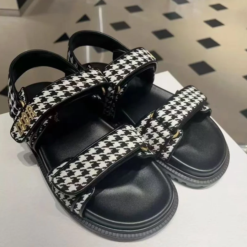 全新未使用 DIOR/迪奥 黑白千鸟格魔术贴凉鞋 38
