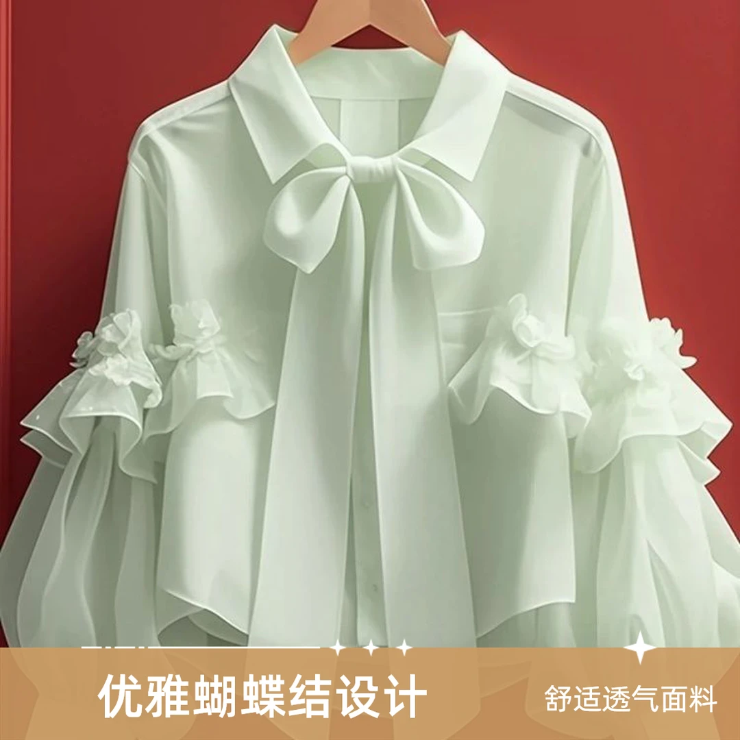 早秋甜美新款上衣女2025法式独特漂亮绿色蝴蝶结长袖衬衫宽松衬衣