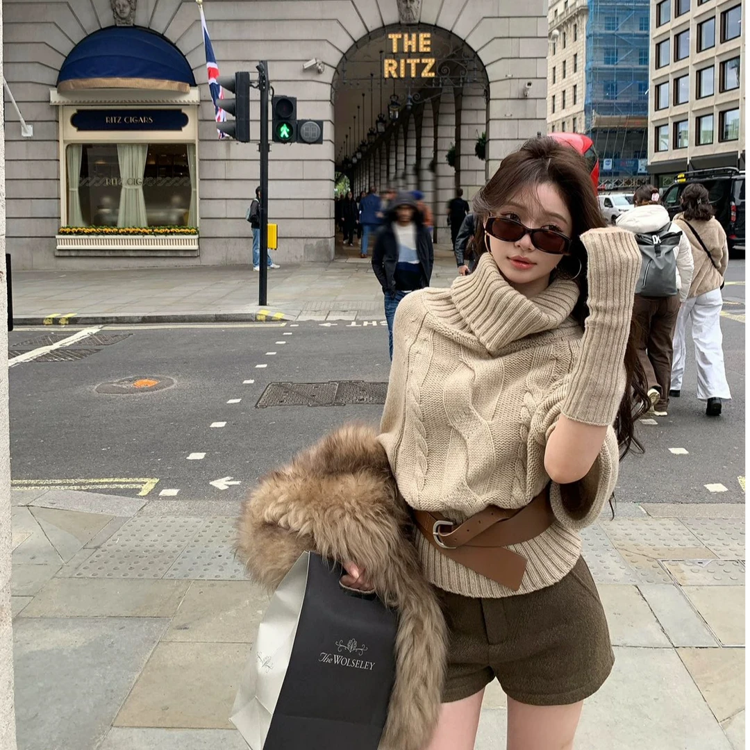 宽松纯色韩版毛衣高领纯欲风针织时尚套装气质显瘦洋气休闲百搭女