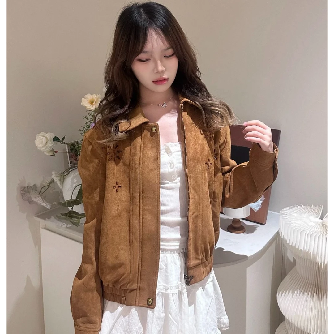 翻领秋季女款镂空短外套韩版休闲时尚网红气质麂皮绒皮衣外套夹克