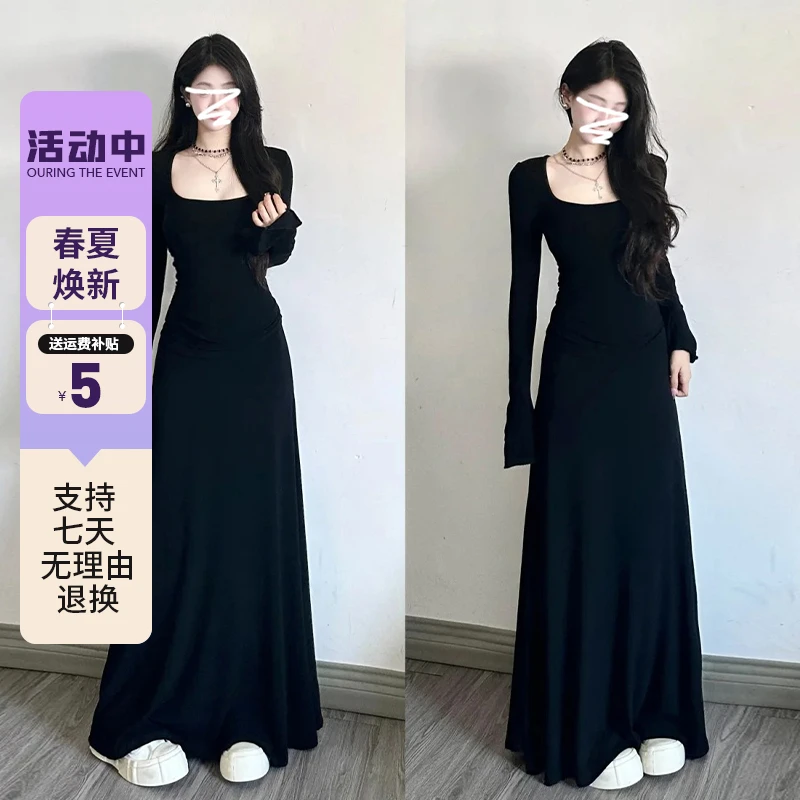 韩系黑色长袖连衣裙子女秋冬季2024年新款高级感气质穿搭长裙5445